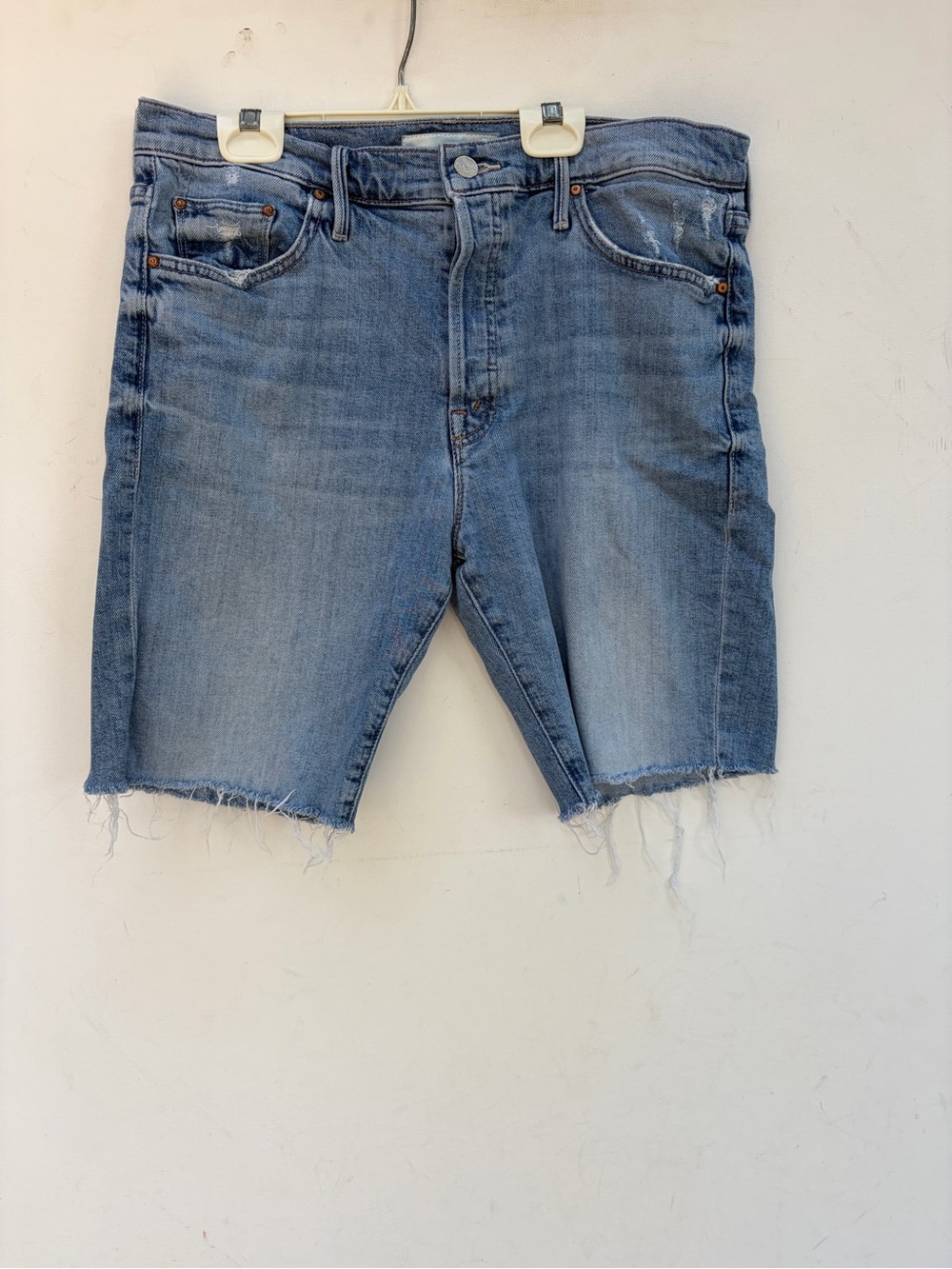 Mother Jeans Trickster Fray High Rise Long Denim Bermuda Shorts